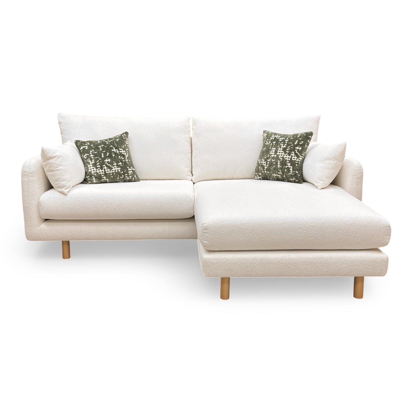 Front view of the 'Aero' 4-seater sofa in ivory boucle fabric, featuring a clean-lined modern silhouette.