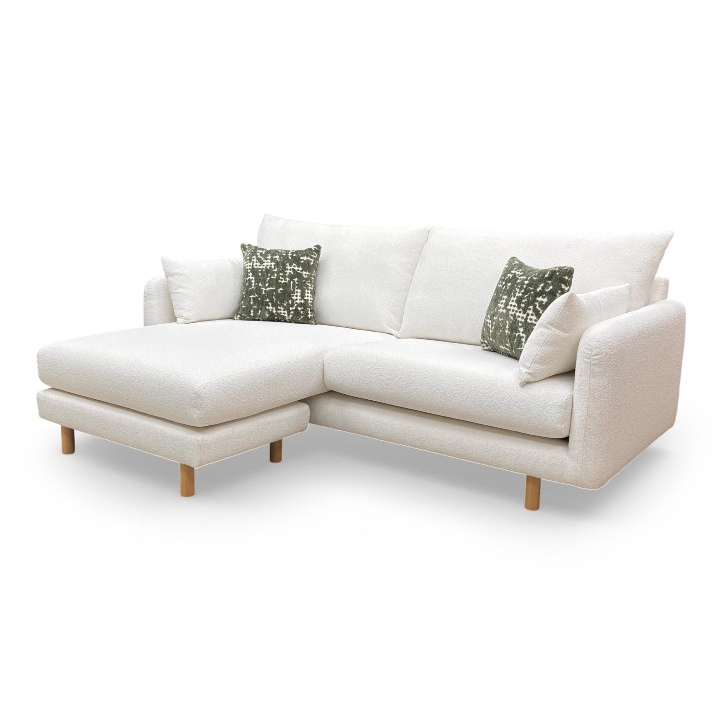 Three-quarter view of the Aero sofa, highlighting the textured boucle fabric and deep-seated comfort.
