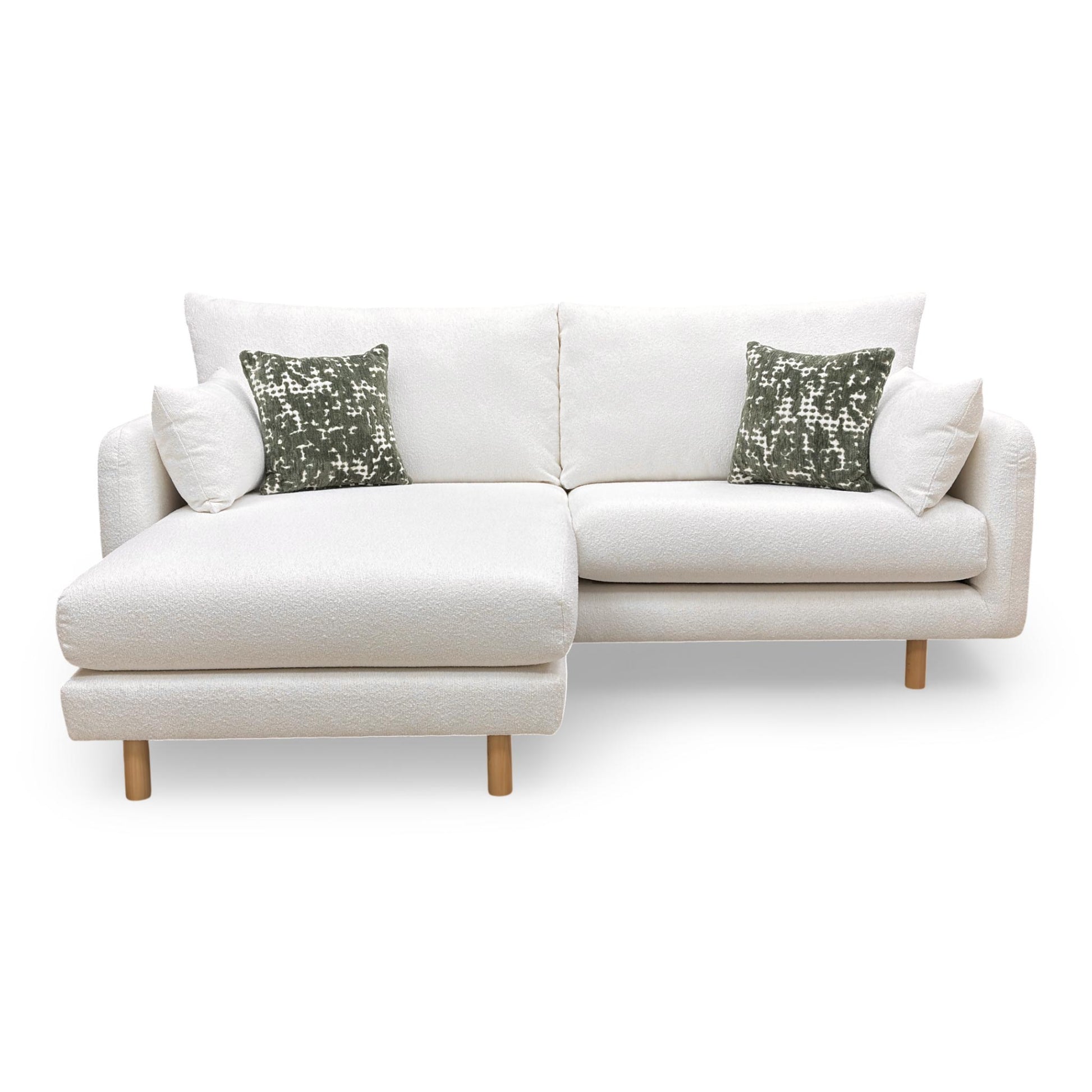Front view of the 'Aero' 4-seater sofa in ivory boucle fabric, featuring a clean-lined modern silhouette.