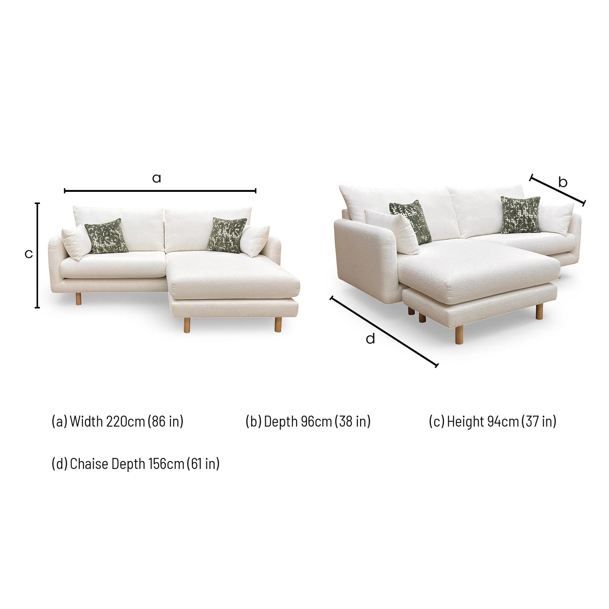 Technical dimension drawing: 220cm width, 96cm sofa depth, 156cm chaise depth, and 94cm height.
