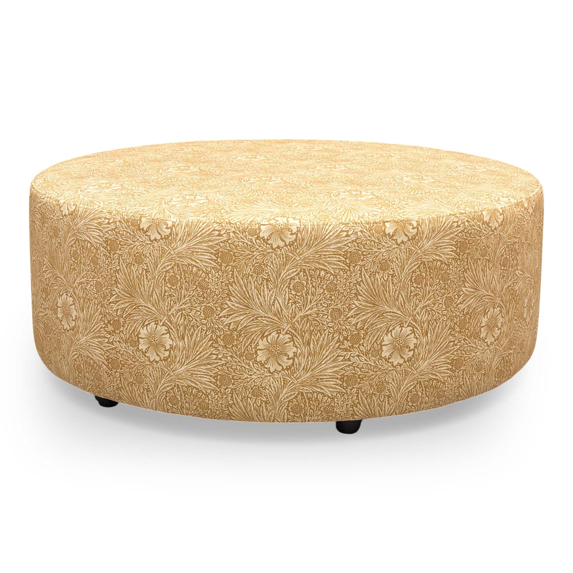 Side view of the Iris footstool, emphasizing its compact round shape and stylish presence for any modern home.