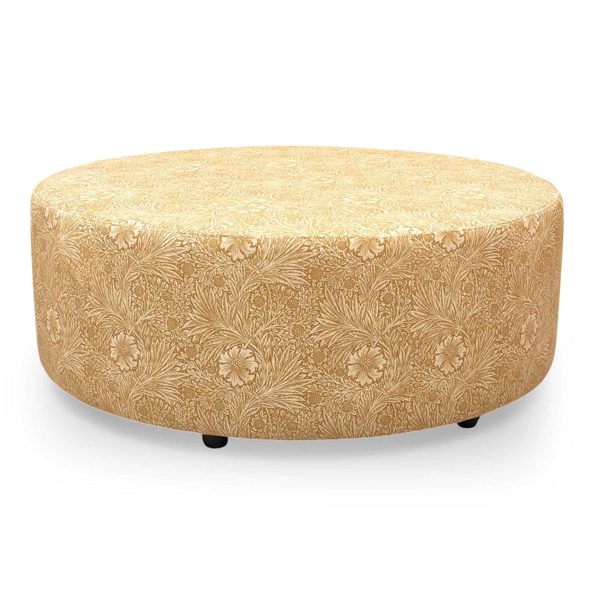 Top-down view of the Iris footstool, showcasing the full pattern and the plush, comfortable surface of the yellow velvet.