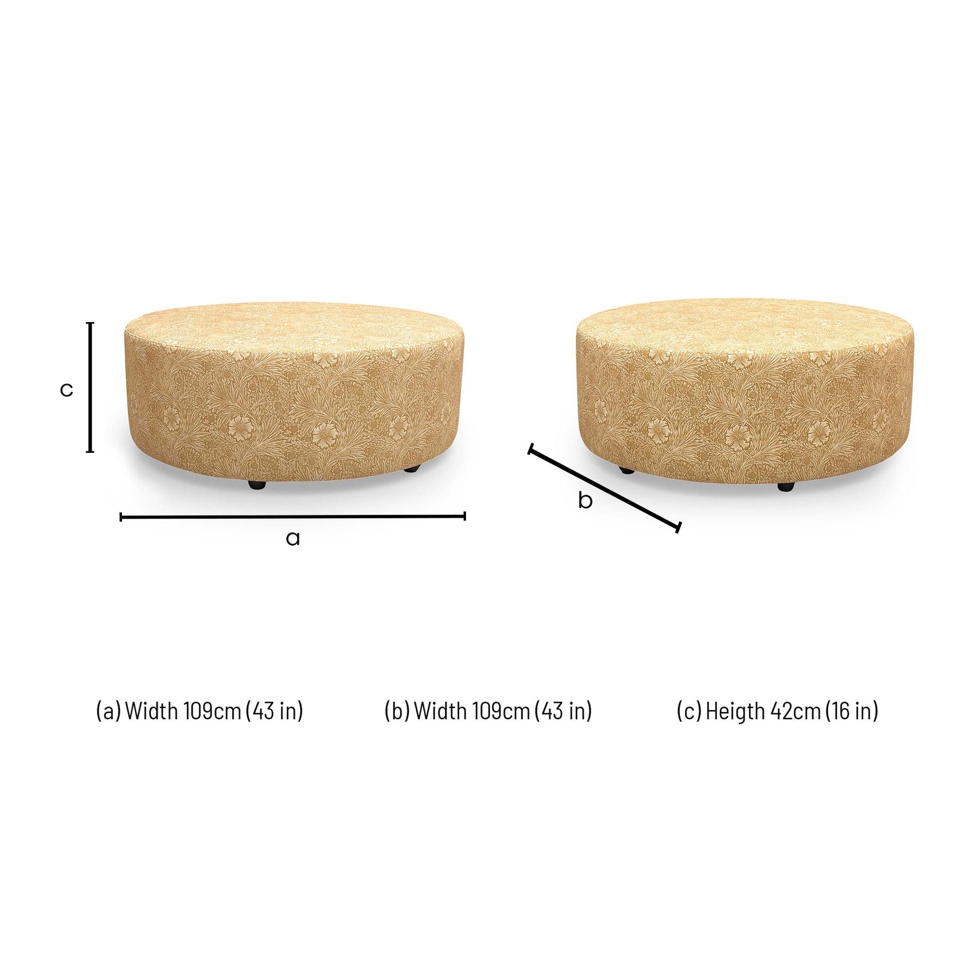 Dimensions for the Sofology ‘Iris’ Yellow Velvet Floral Patterned Footstool.