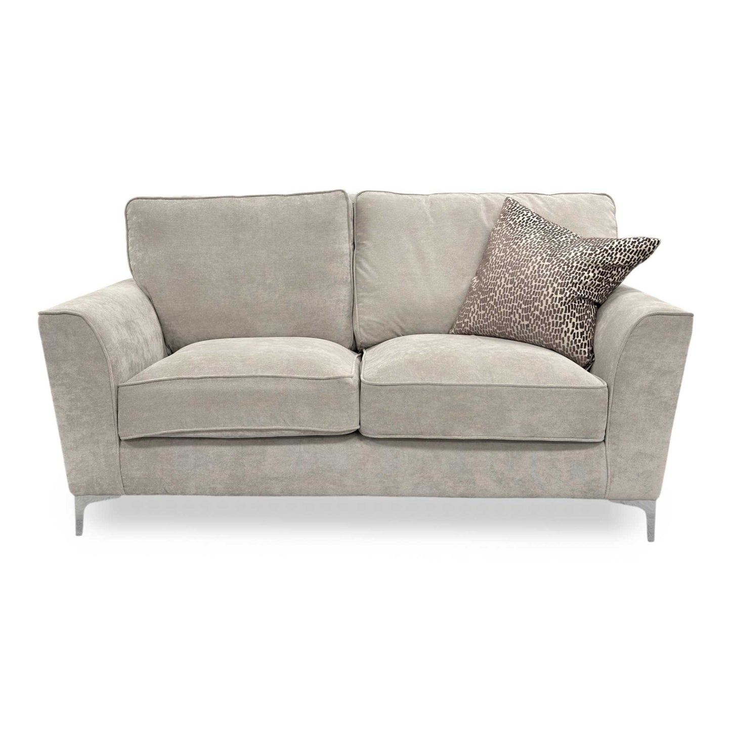 Front view of the Legend Kingston Silver sofa, highlighting the symmetrical two-cushion seating and the modern, tailored look of the light grey upholstery.