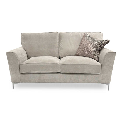 Front view of the Legend Kingston Silver sofa, highlighting the symmetrical two-cushion seating and the modern, tailored look of the light grey upholstery.