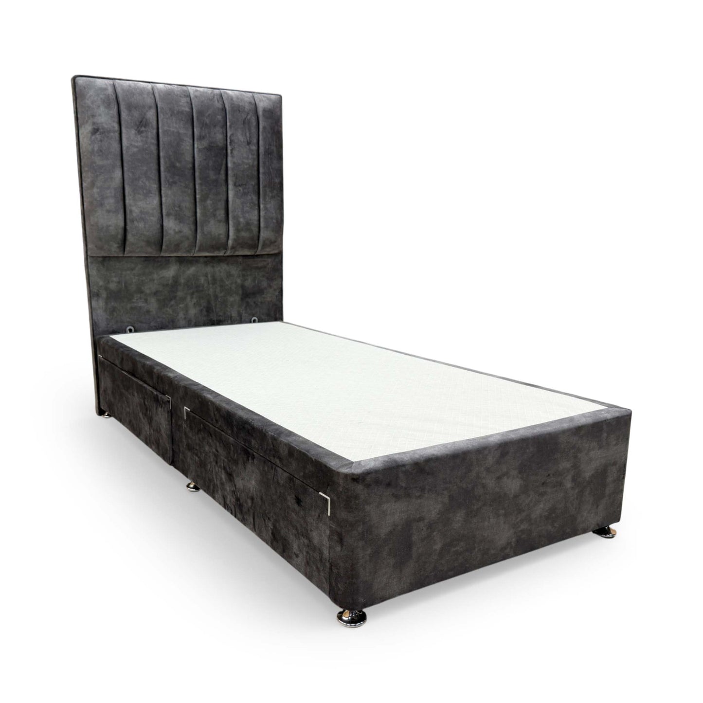 Side profile of the divan base, illustrating the sturdy construction and premium fabric finish of the Sleep Story Dickens set.