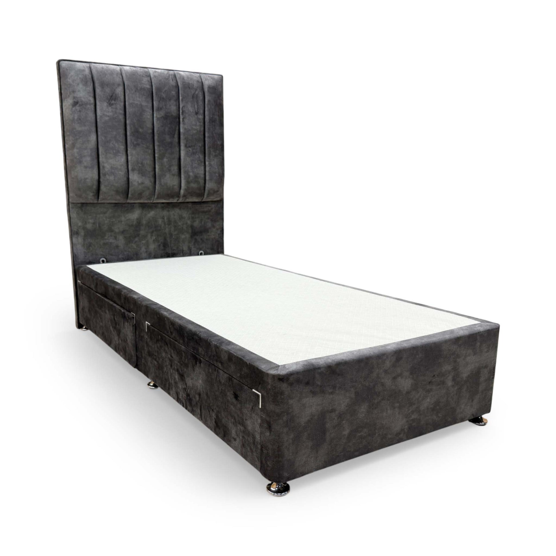 Side profile of the divan base, illustrating the sturdy construction and premium fabric finish of the Sleep Story Dickens set.