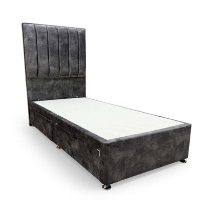 Side profile of the divan base, illustrating the sturdy construction and premium fabric finish of the Sleep Story Dickens set.