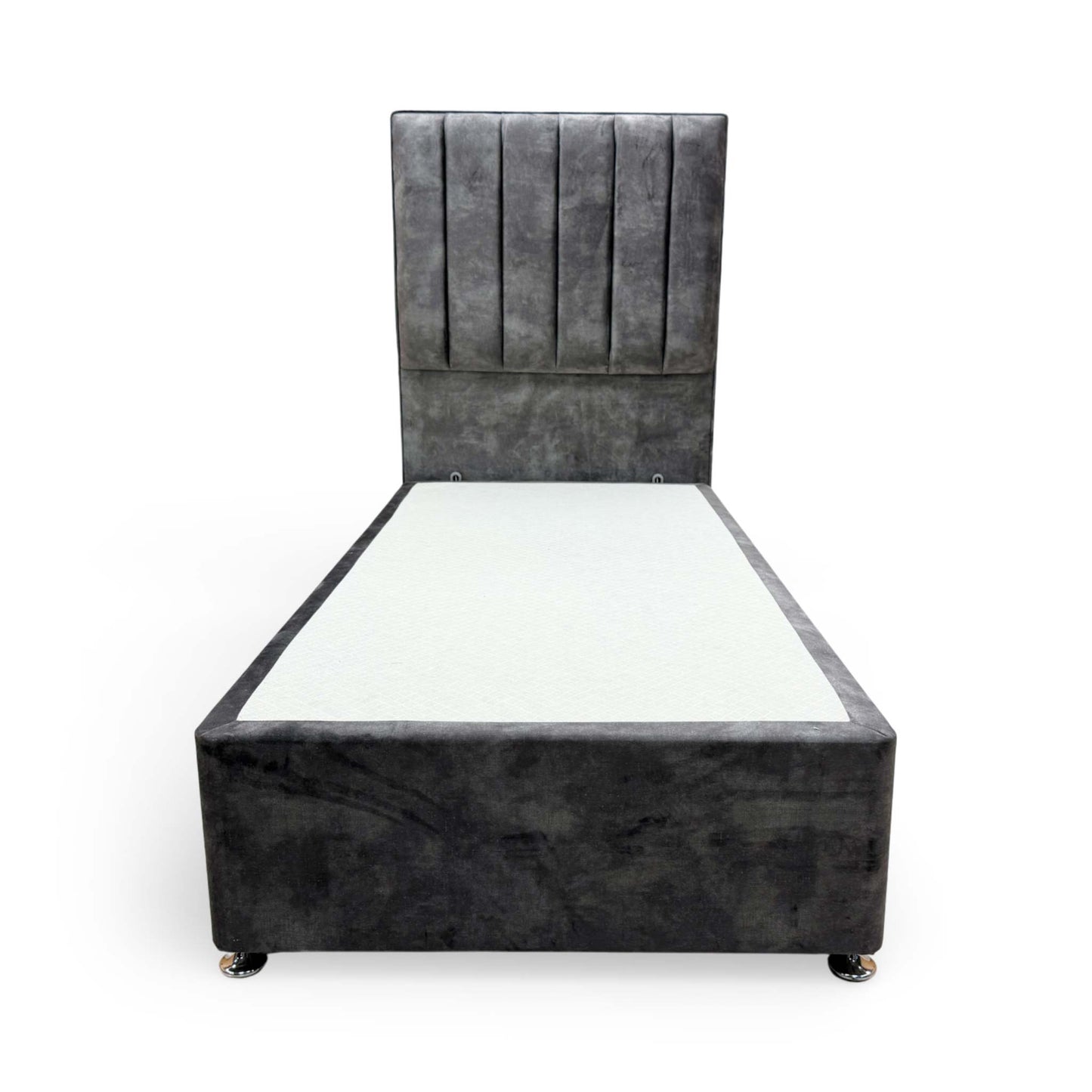 Front view of the single divan bed, highlighting the sophisticated grey velvet upholstery and detailed headboard stitching.