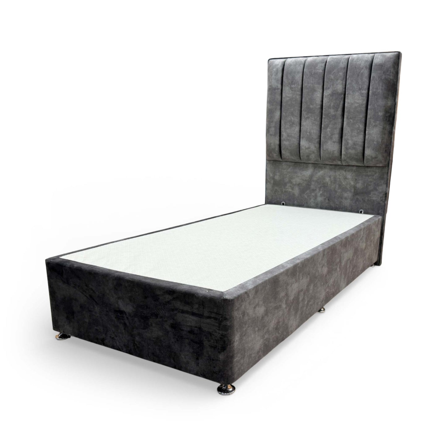 View of the complete bed setup from a slight angle, emphasizing the elegant headboard height and coordinated grey aesthetic.