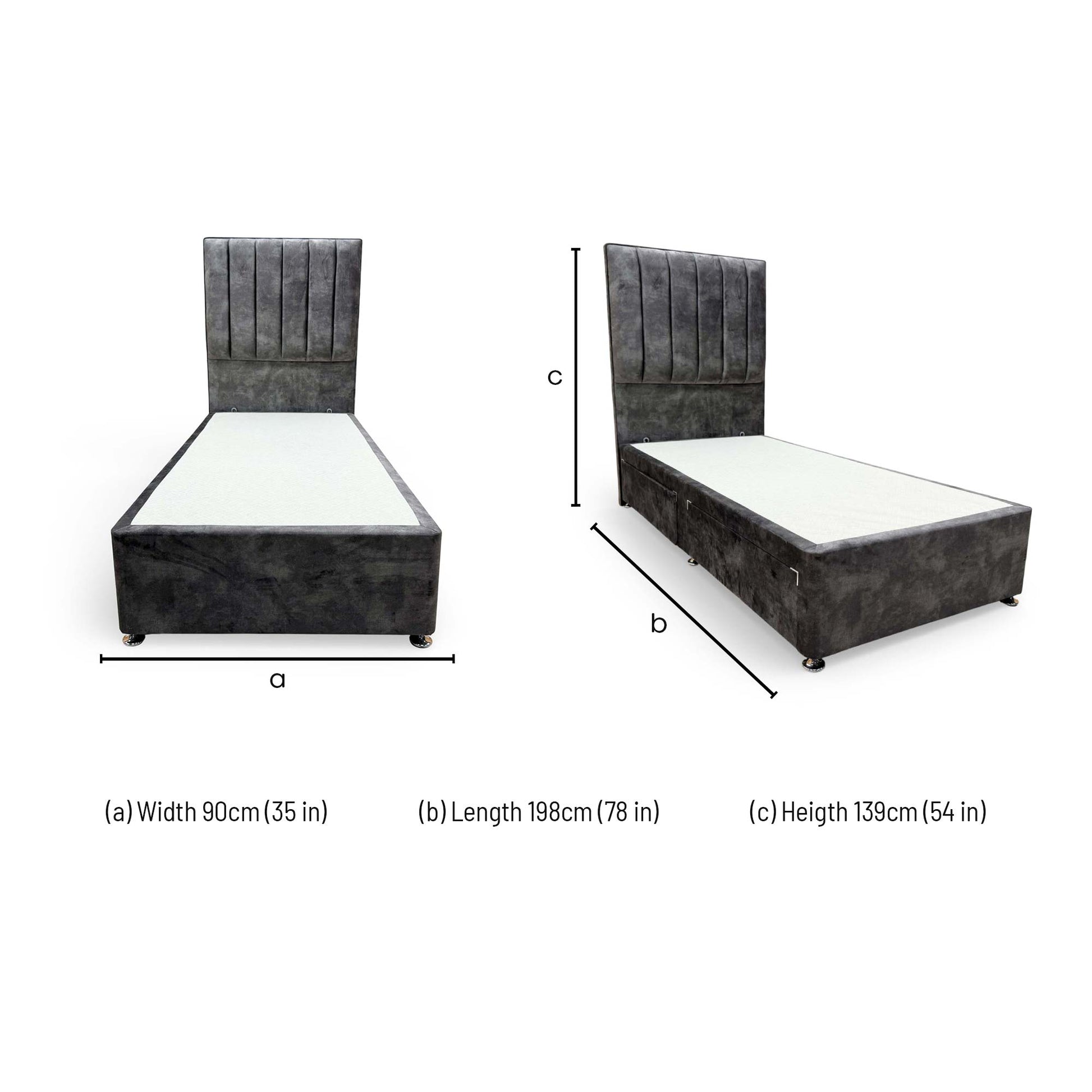 Dimensions for the Sleep Story ‘Dickens’ Lace Domino Velvet Single Bed.