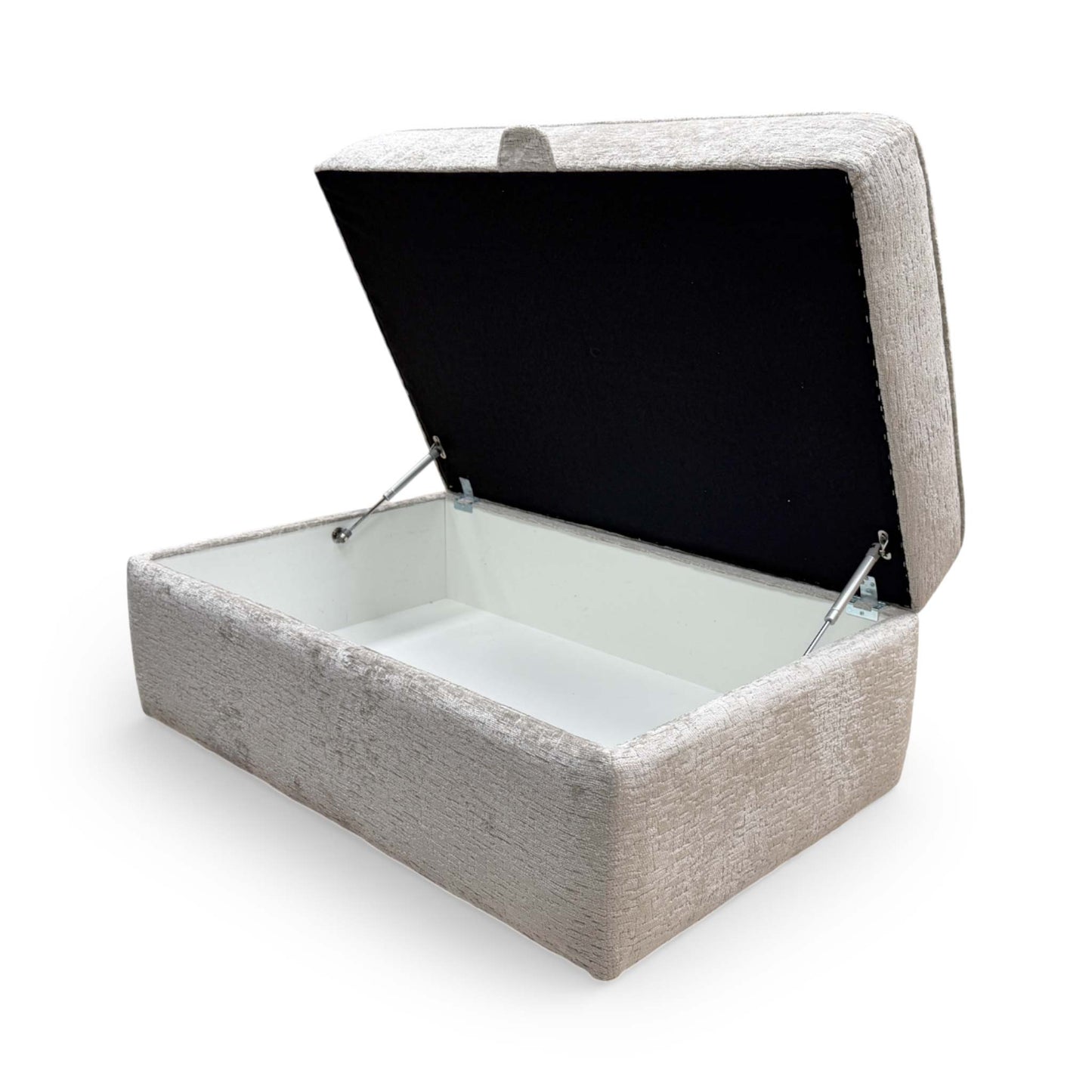 Side view of the Sasha storage bench, emphasizing its generous proportions and elegant neutral tone.