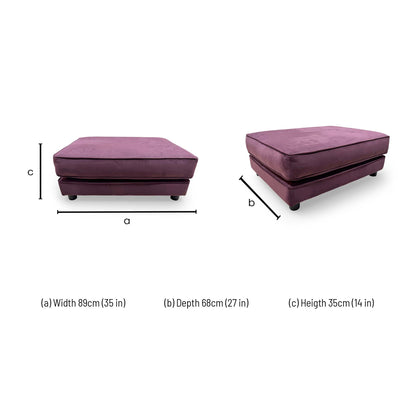 Dimensions for The Lounge Co. ‘Isobel’ Frosted Grape Purple Velvet Rectangular Footstool.