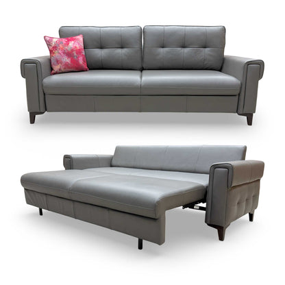 Full front view of the 'Zoom' 3-seater sofa bed upholstered in refined grey LE-9308 leather.