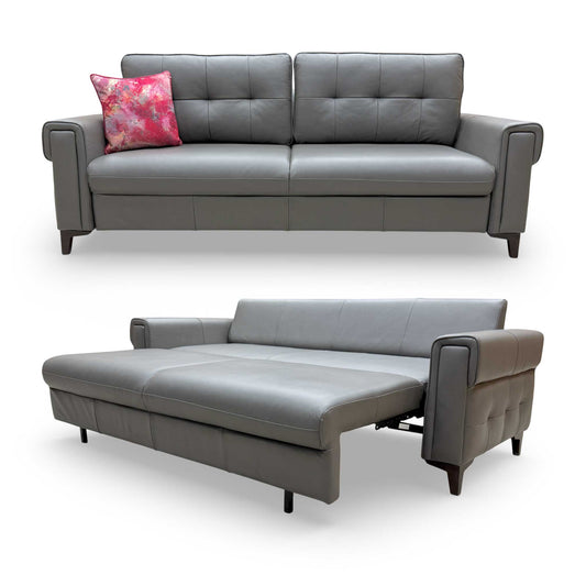 Full front view of the 'Zoom' 3-seater sofa bed upholstered in refined grey LE-9308 leather.