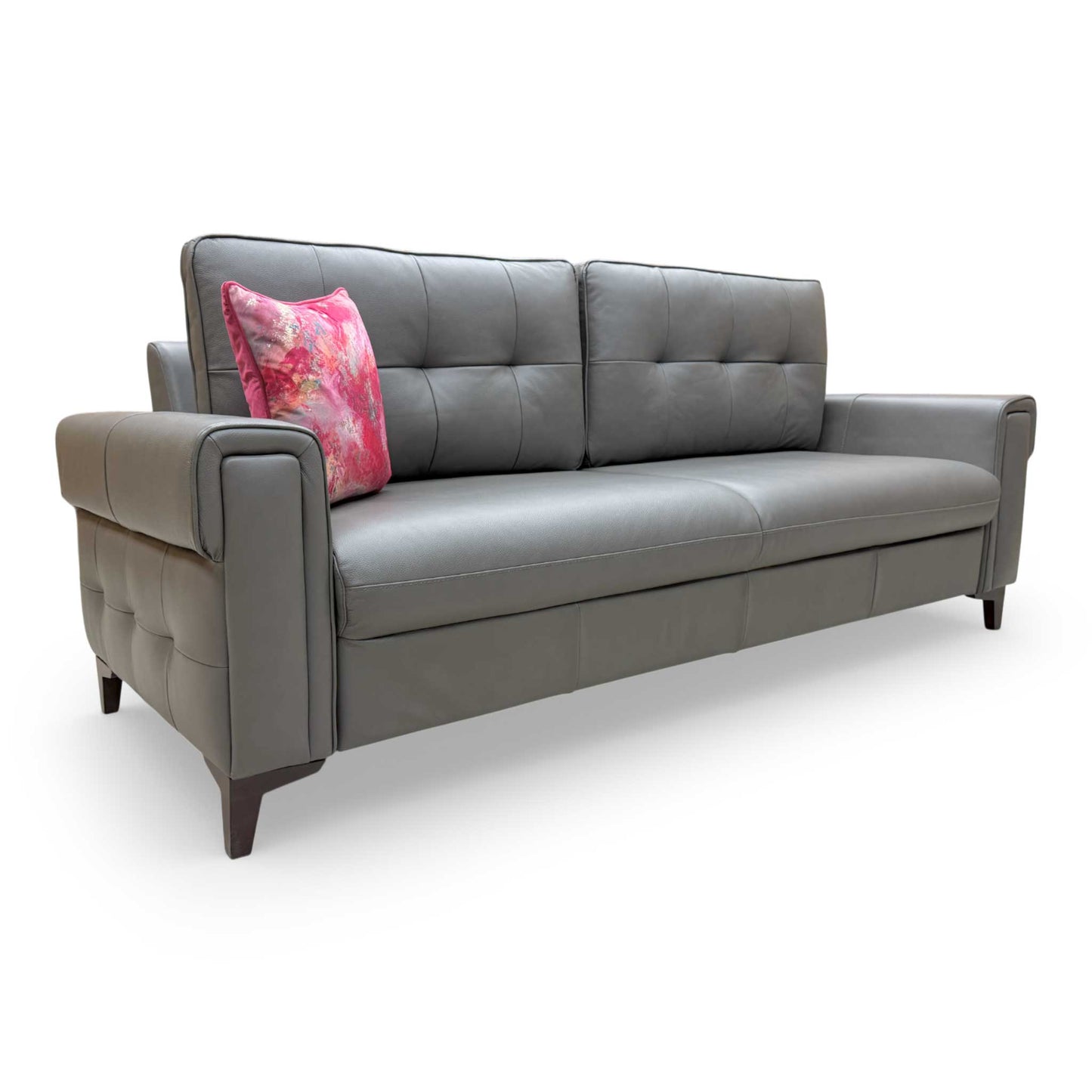 View of the sofa highlighting the uniform grey leather finish and modern aesthetic.
