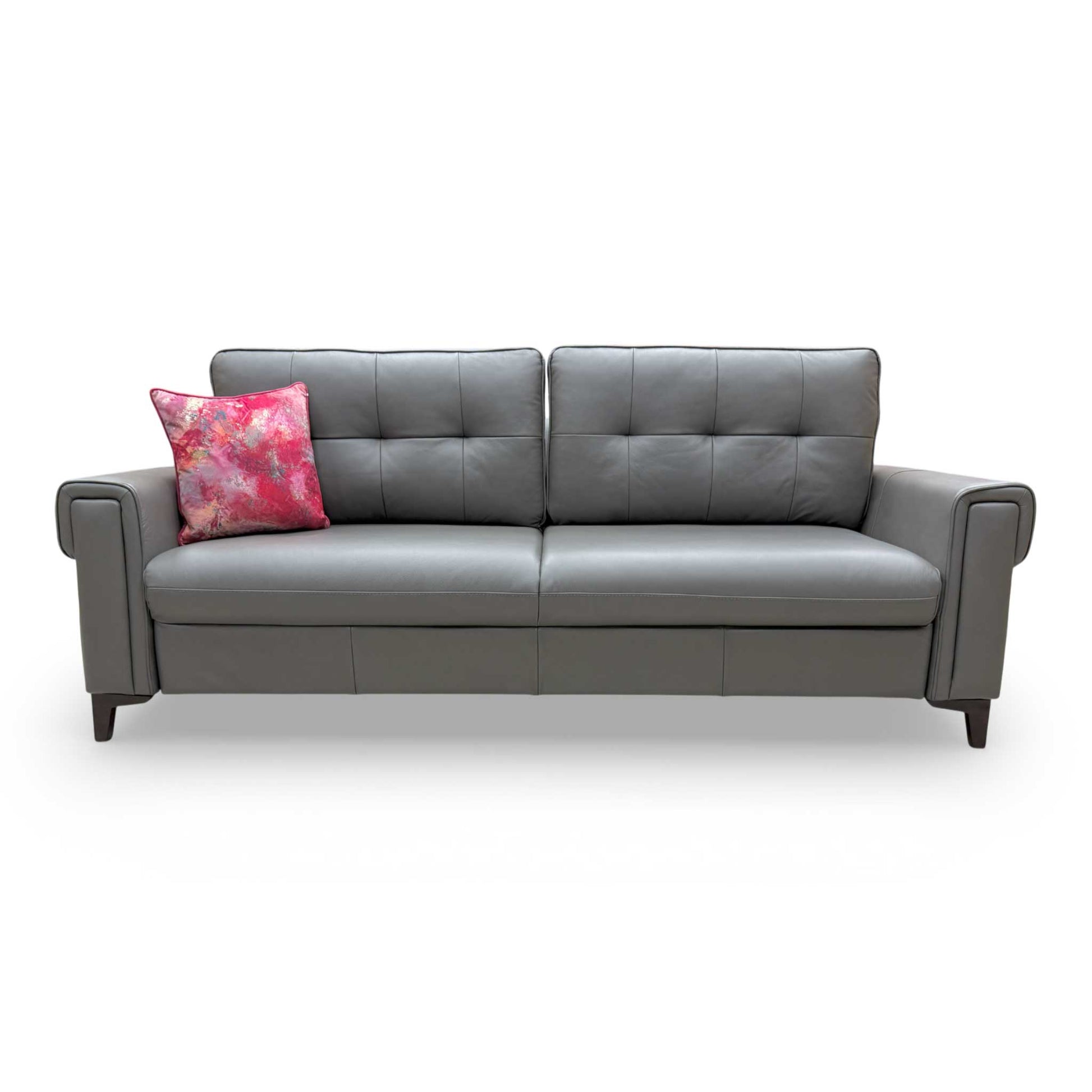 Front view of the sofa with the back cushions removed, ready for conversion into a bed.