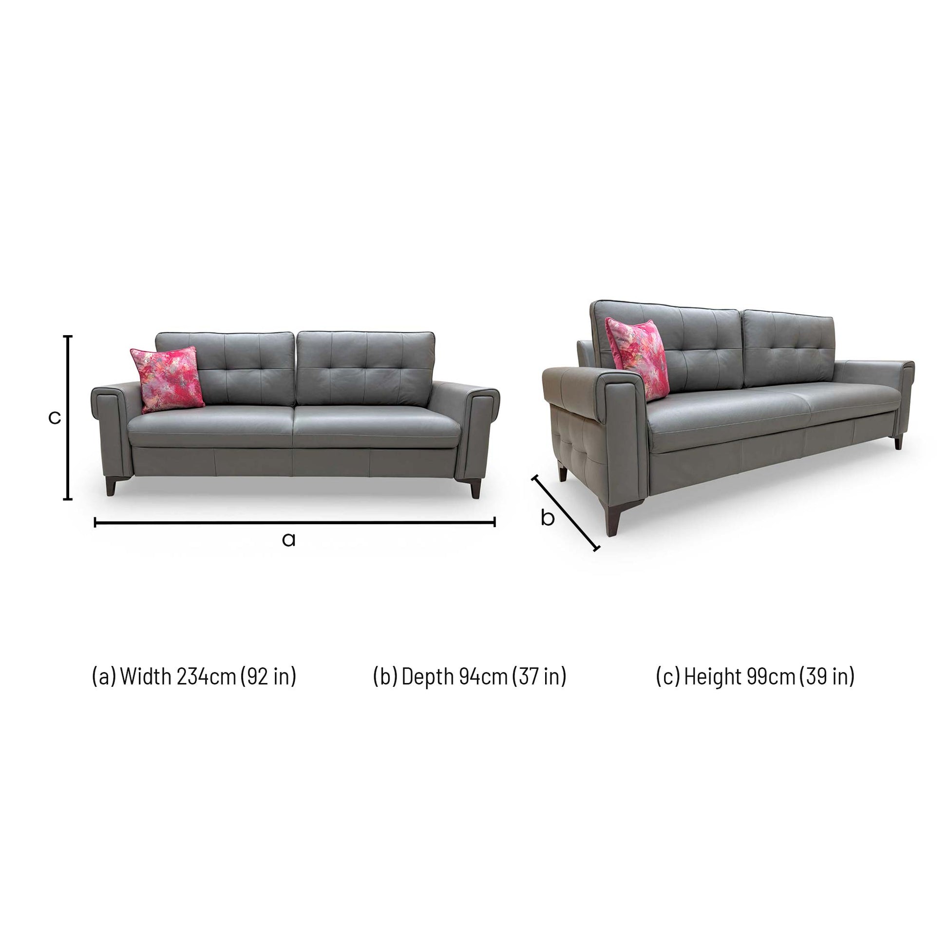 Dimensions for the 'Zoom' Grey LE-9308 Leather 3 Seater Sofa Bed.