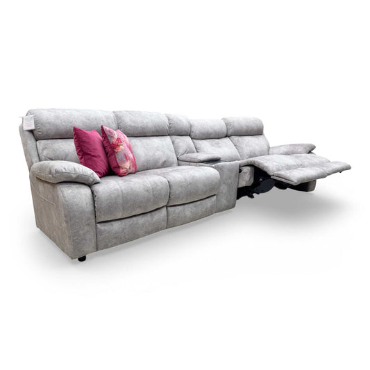 Full view of the World of Leather Relax Station ‘Komodo’ 3-seater power recliner sofa in Ocean Blue leather, featuring power headrests and drop-down console.