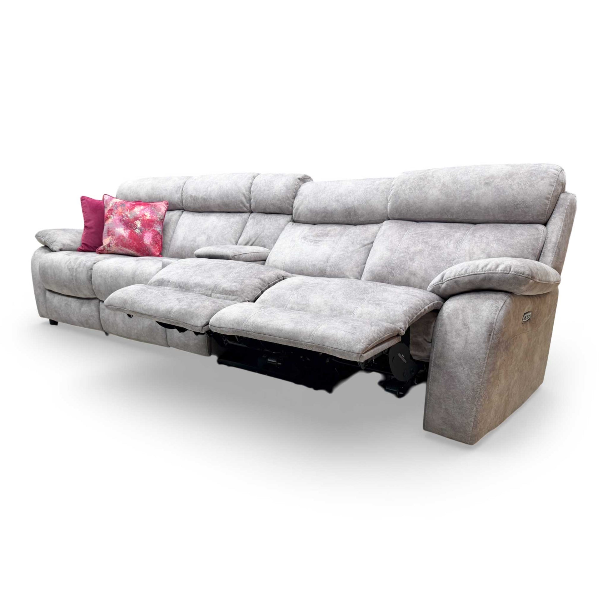Side profile view of the Komodo recliner sofa showing the space required for reclining.