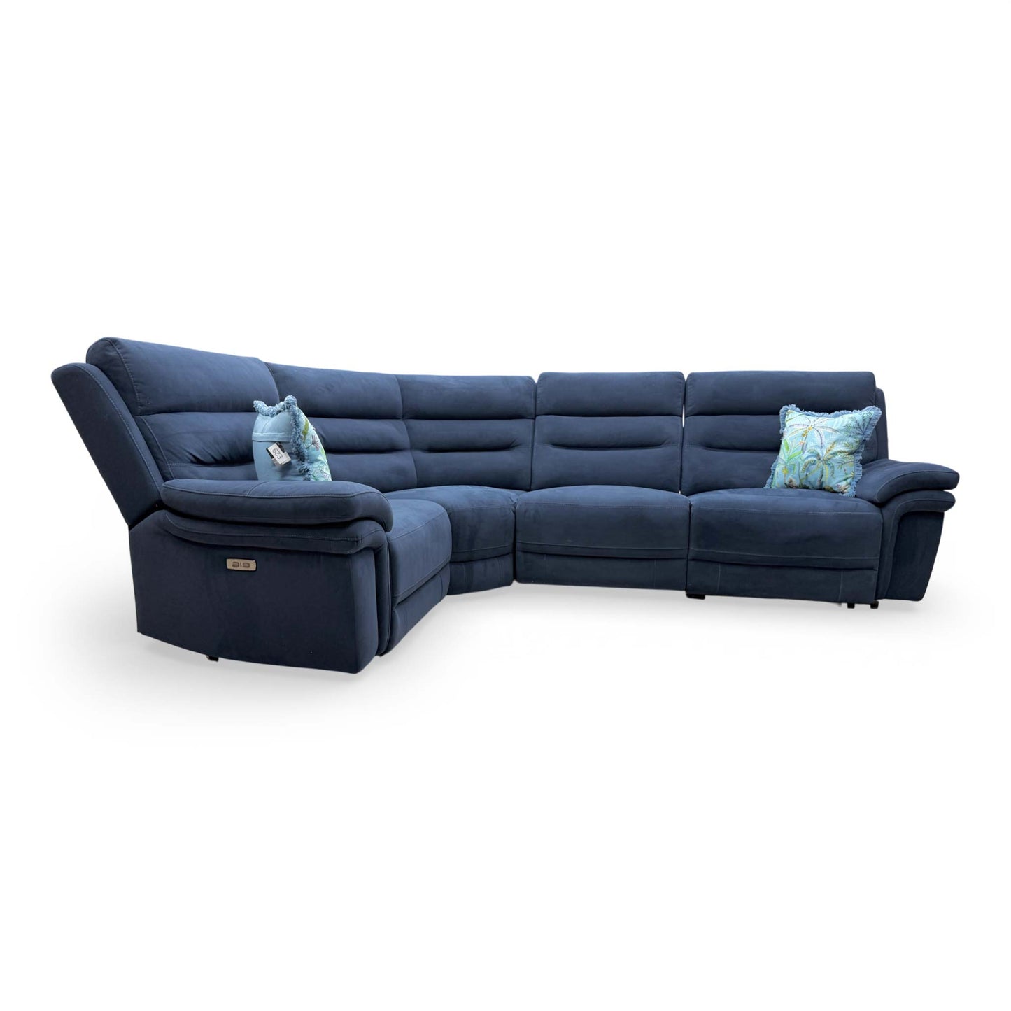 Side view of the back cushions and independent power headrests on the Navy Blue velvet sofa.
