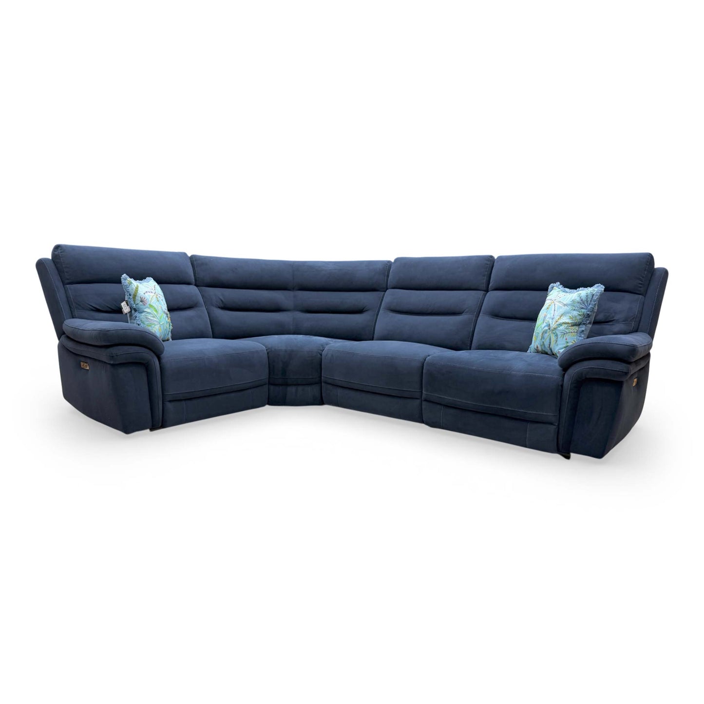 Detailed shot of the luxurious navy velvet upholstery and stitching on the Berlin corner sofa.