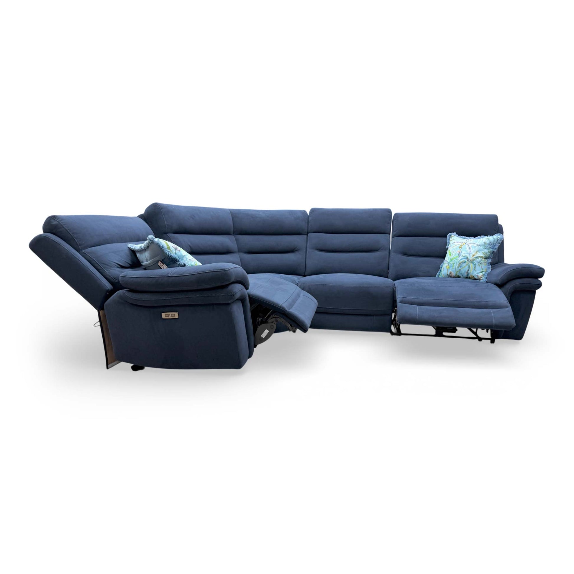 Full view of the Furniture Village 'Berlin' Navy Blue velvet power recliner corner sofa featuring adjustable power headrests.