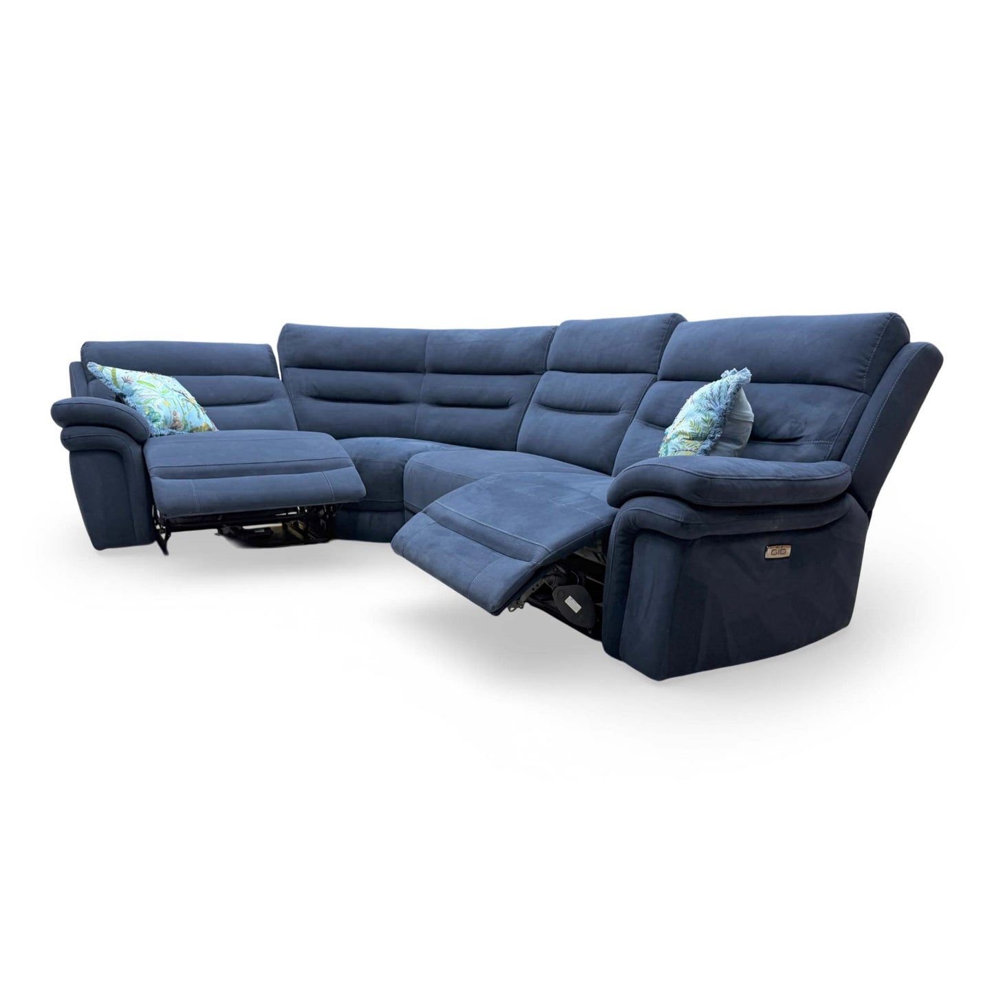 Angle shot focusing on the corner configuration and seating depth of the Berlin recliner sofa.