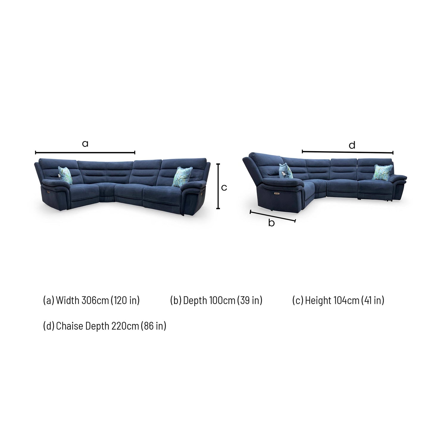 Dimensions for the 'Berlin' Navy Blue Velvet Power Recliner Corner Sofa.