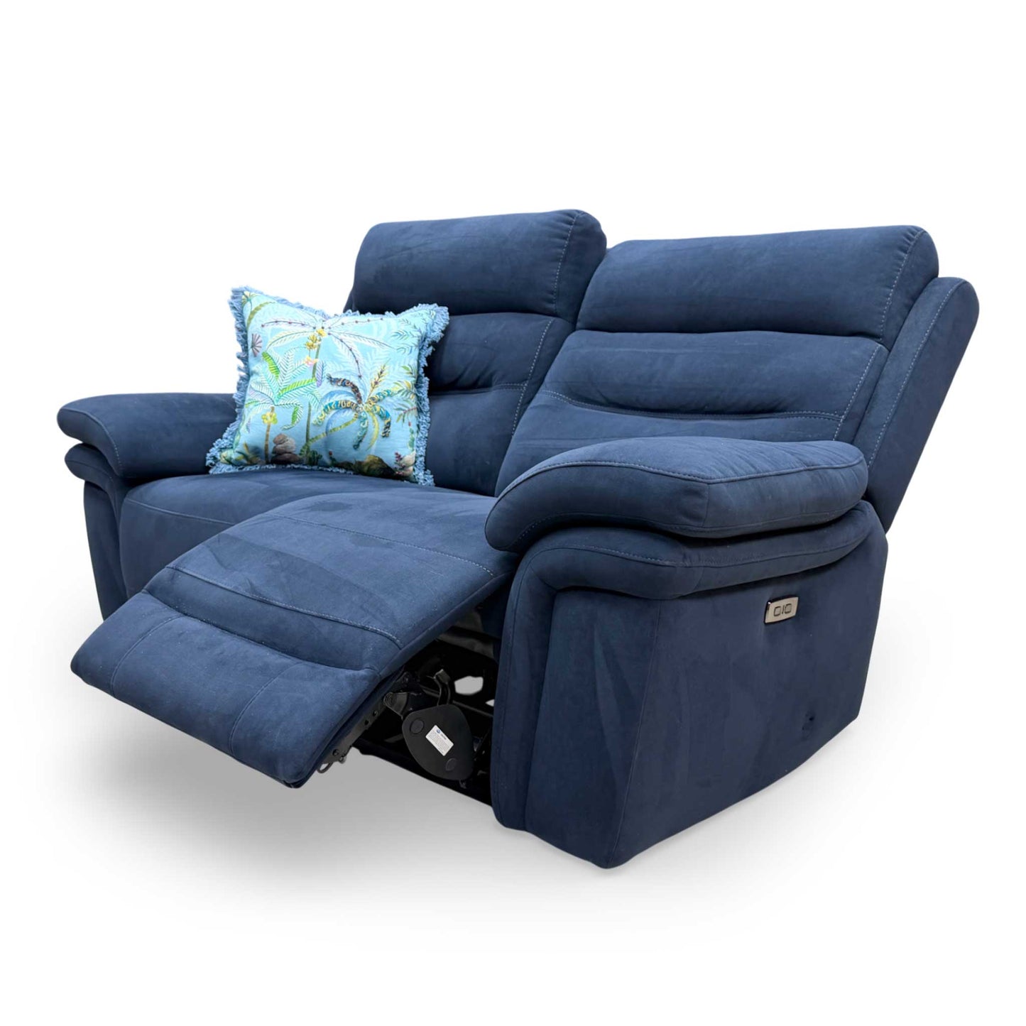 View of the back cushions and independent power headrest mechanism on the navy velvet sofa.