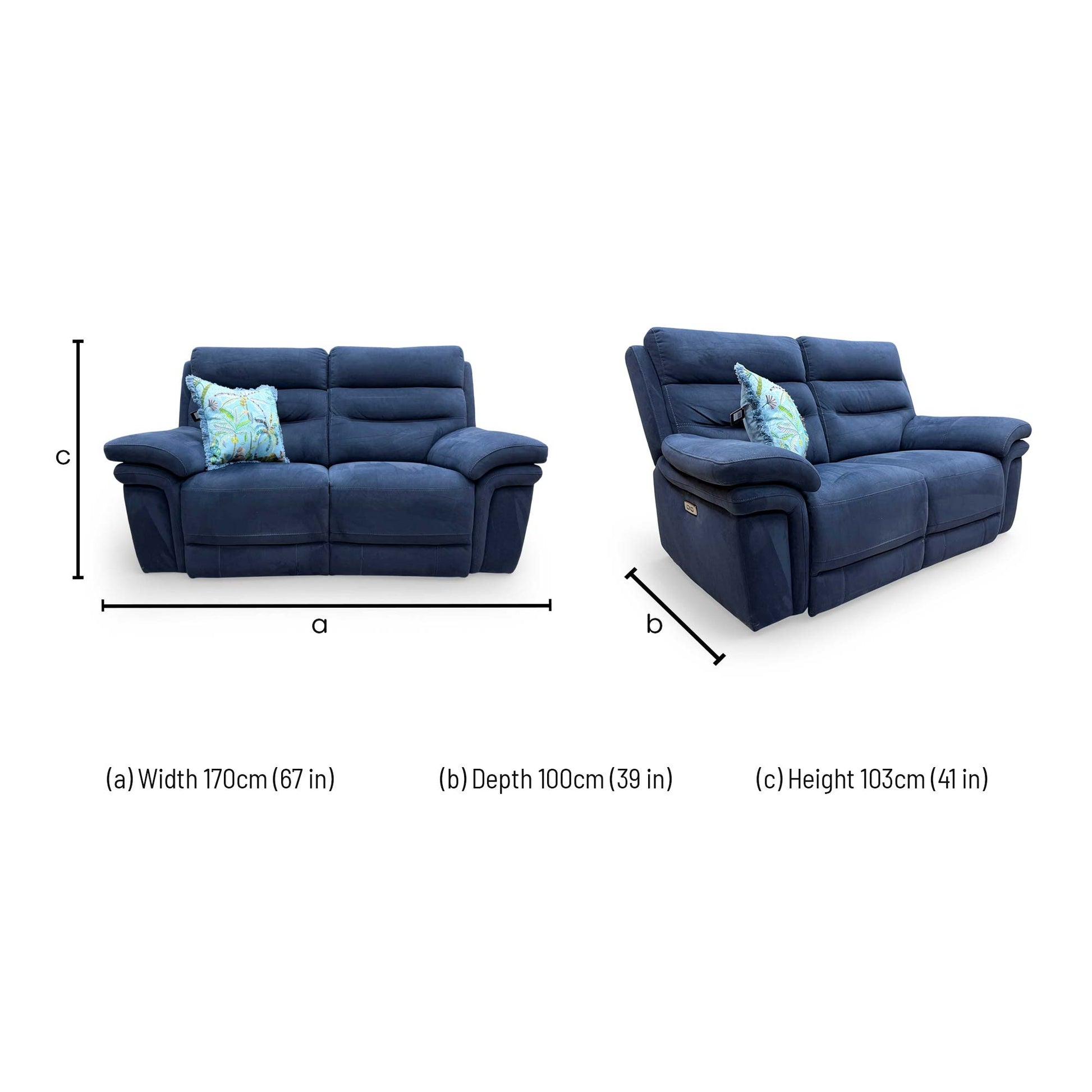 Dimensions for the 'Berlin' Navy Blue Velvet 2-Seater Power Recliner Sofa