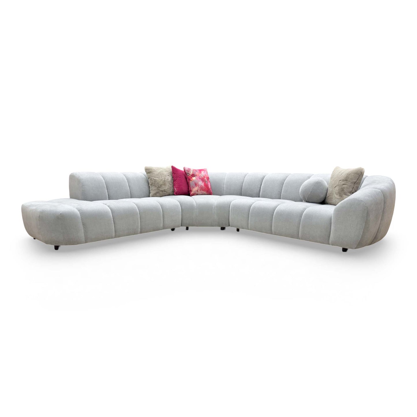 Front profile of the Waldorf chaise sofa, illustrating the expansive 300cm width and inviting, sink-in seat cushions.