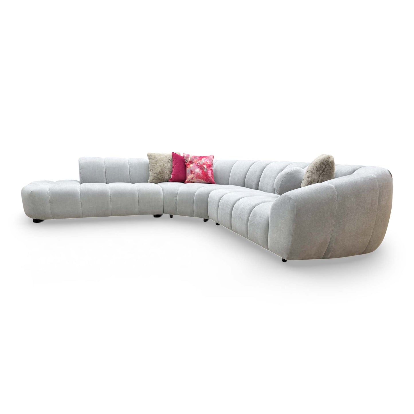 Side view of the Waldorf open-end chaise, showing the clean lines of the low backrest and the high-quality fabric wrap.