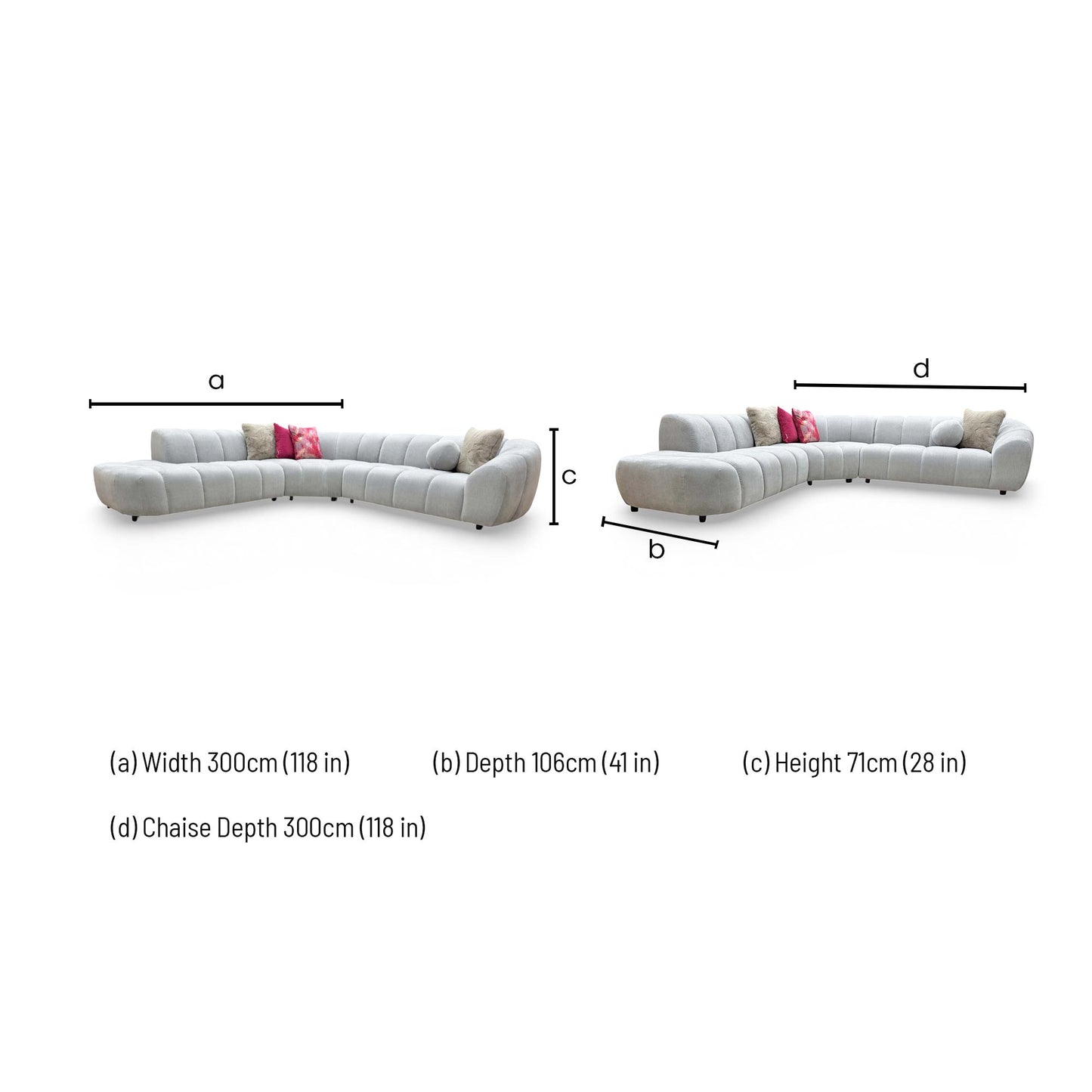 Dimensions for the Sofology 'Waldorf' Soft Sherpa Silver Mix Left Hand Facing Open End Chaise Corner Sofa.