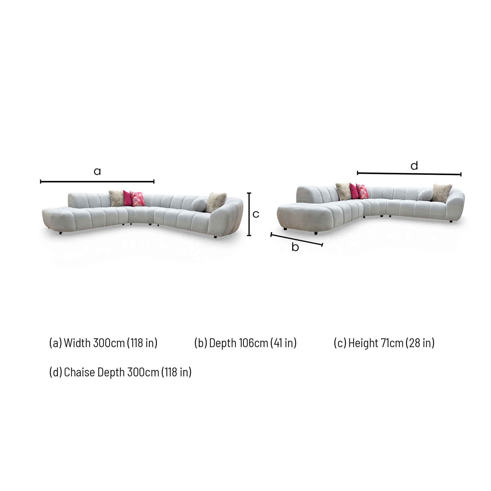 Dimensions for the Sofology 'Waldorf' Soft Sherpa Silver Mix Left Hand Facing Open End Chaise Corner Sofa.