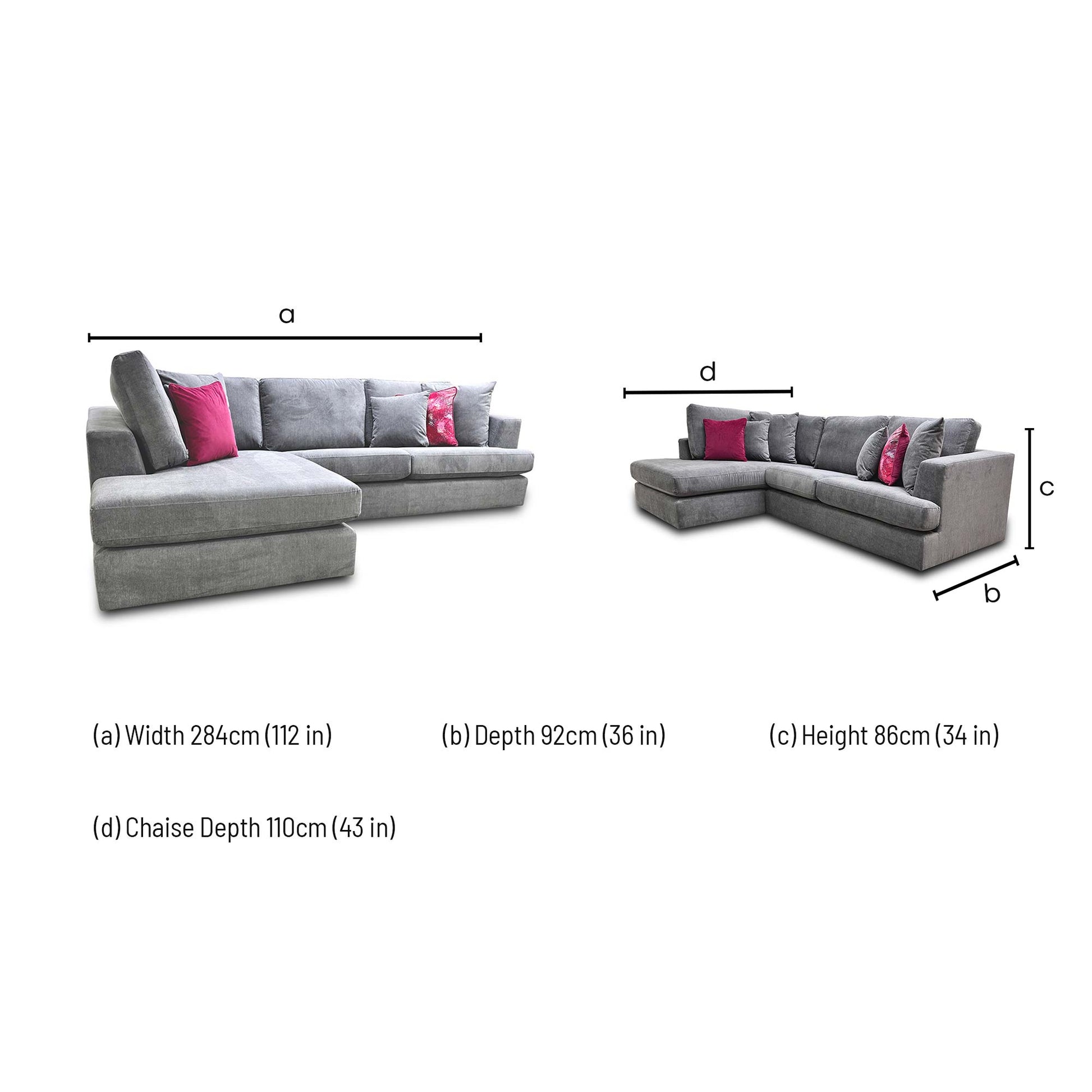 Dimensions for the Stratus Graphite Gracelands Fabric Left-Hand Facing Open-End Chaise Corner Sofa.