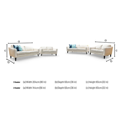 Dimensions for the 'Oslo' Vogue Cream Velvet 3+2 Seater Sofa Set. 3-seater.