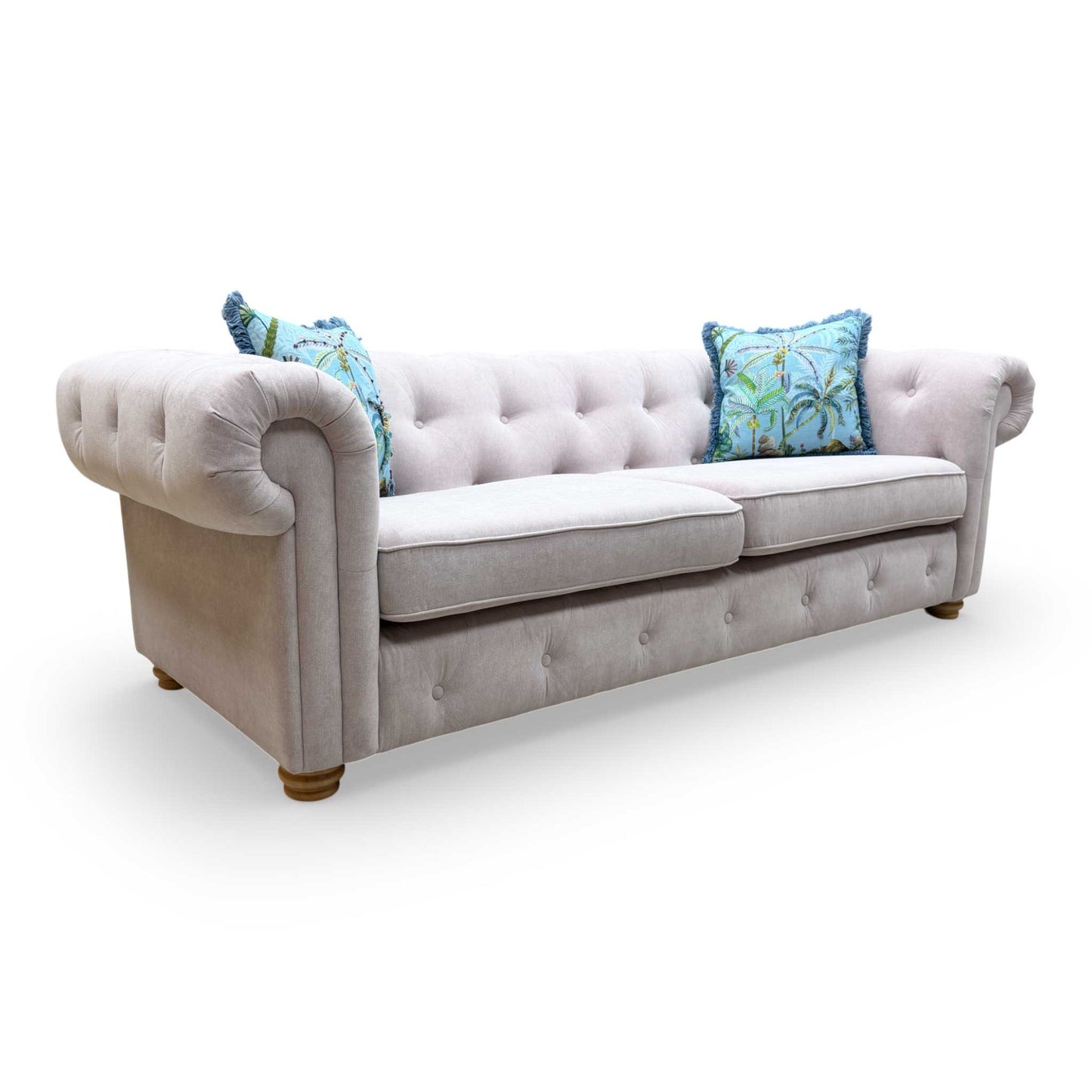 Front view of the lilac Belair sofa, demonstrating the symmetry of the rolled arms and the sophisticated aesthetic of the Plaza Linen collection.