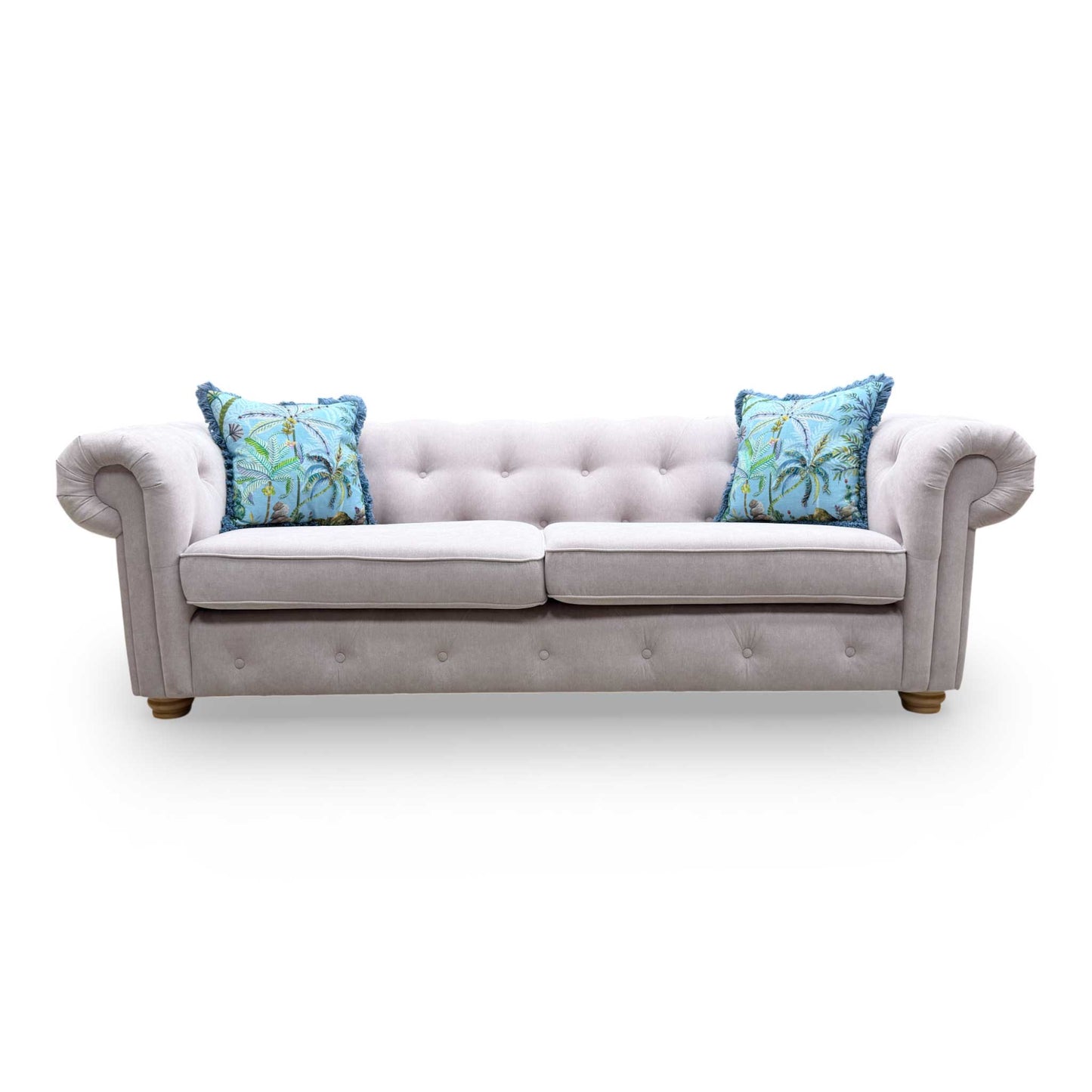 Full view of the lilac Belair sofa, demonstrating the symmetry of the rolled arms and the sophisticated aesthetic of the Plaza Linen collection.