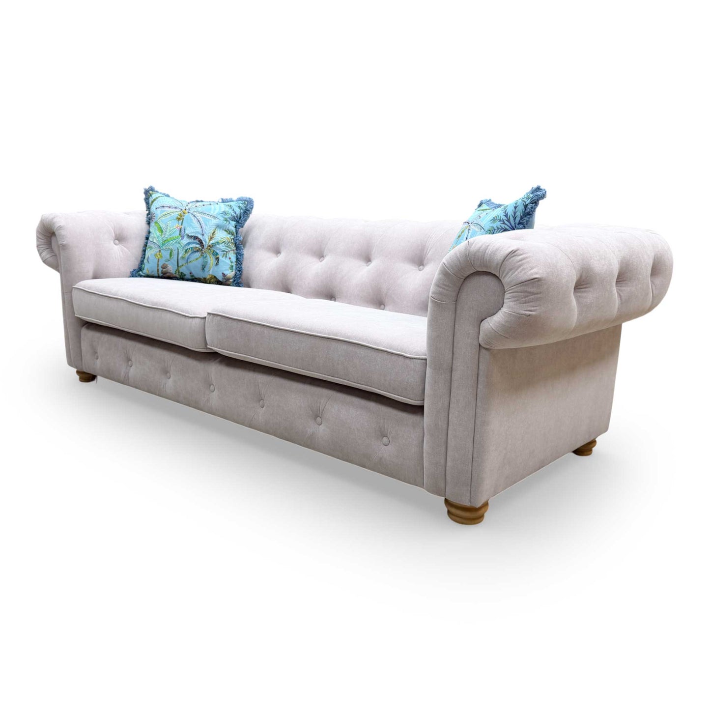 Angled view of the 4-seater Belair sofa, highlighting the spacious design and high-quality linen upholstery.