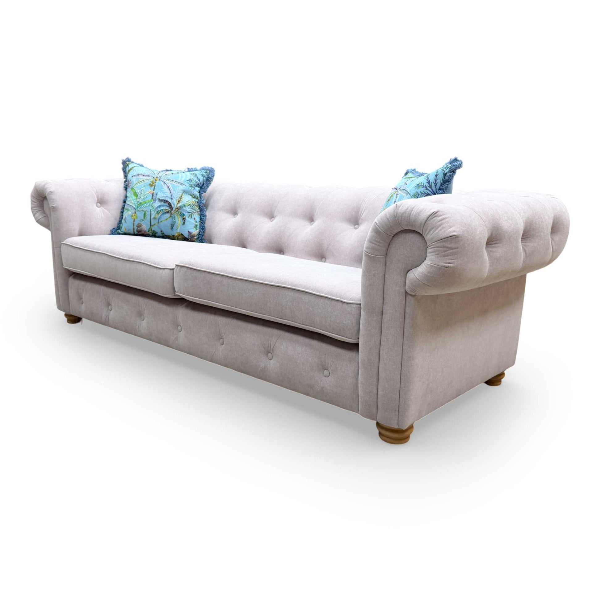 Angled view of the 4-seater Belair sofa, highlighting the spacious design and high-quality linen upholstery.