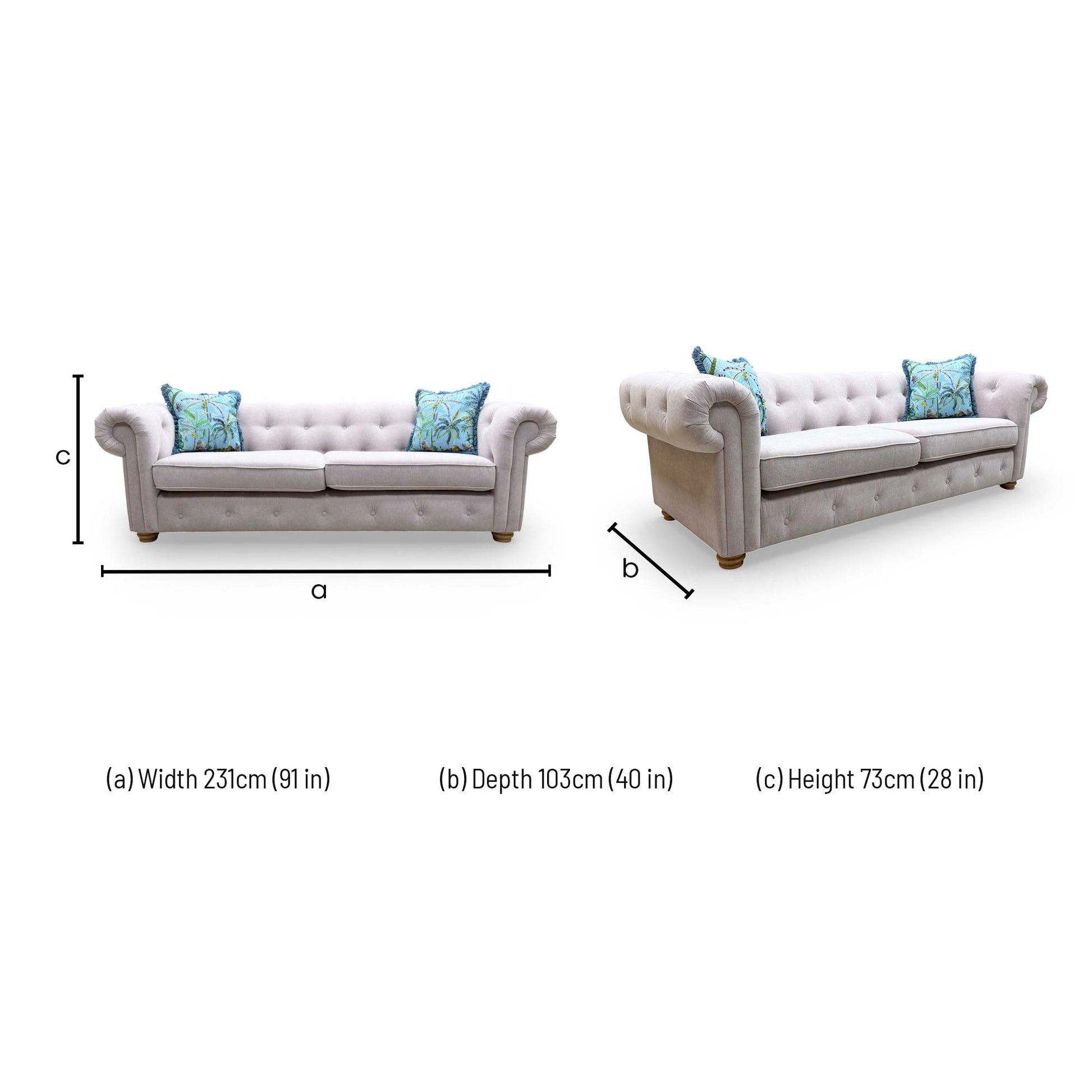 Dimensions for the DFS 'Belair' Lilac Plaza Linen 4-Seater Chesterfield Sofa.