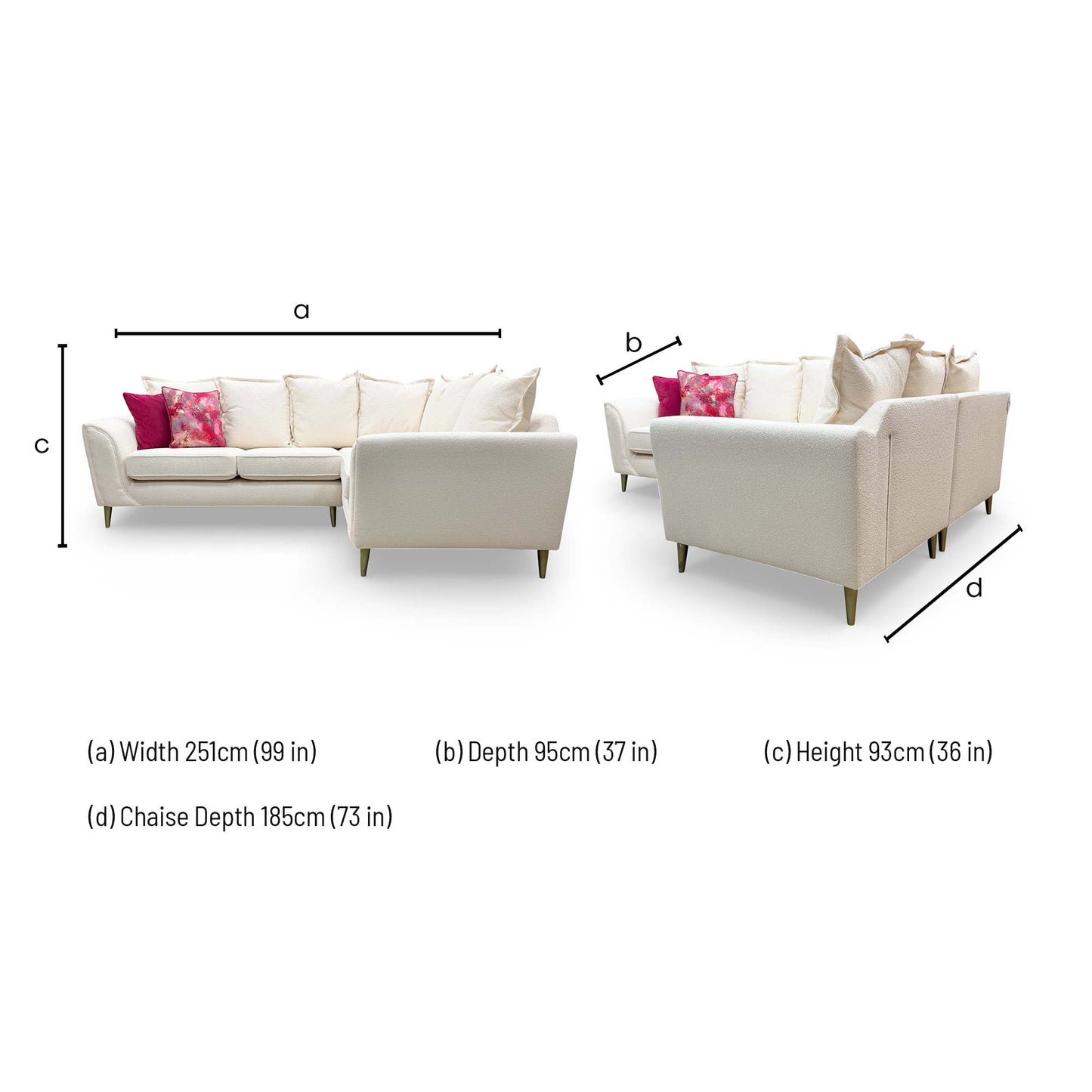 Dimensions for the DFS 'Alyssia' Cream Boucle Left-Hand Facing Corner Sofa.
