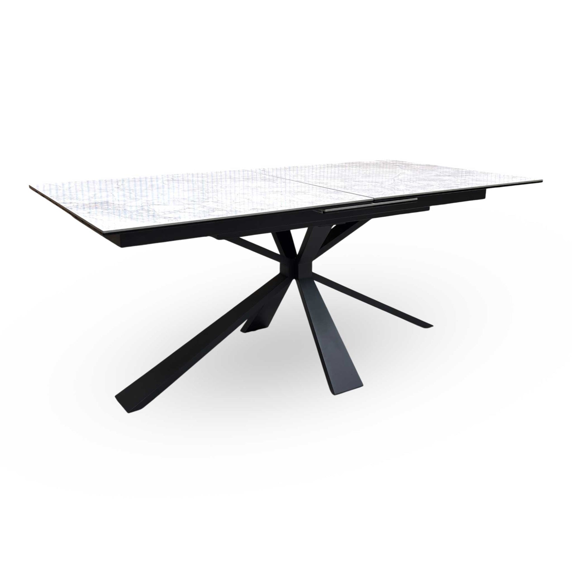 Edge view of the tabletop assembly, showcasing the premium construction of 6mm ceramic laminated securely to an 8mm tempered glass base.