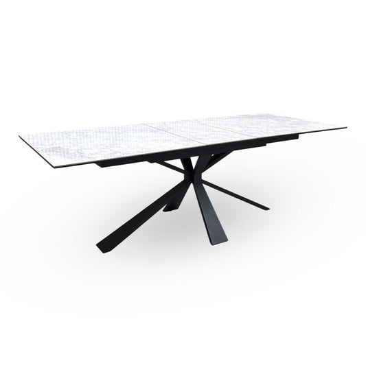Full View of The Furniture Village ‘Crete’ large extending dining table, featuring a high-gloss grey ceramic top and a structural black powder-coated metal base.