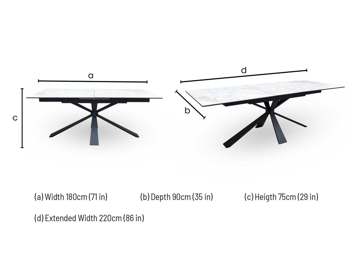 dimension diagram for the ‘Crete’ Ceramic Extending Dining Table