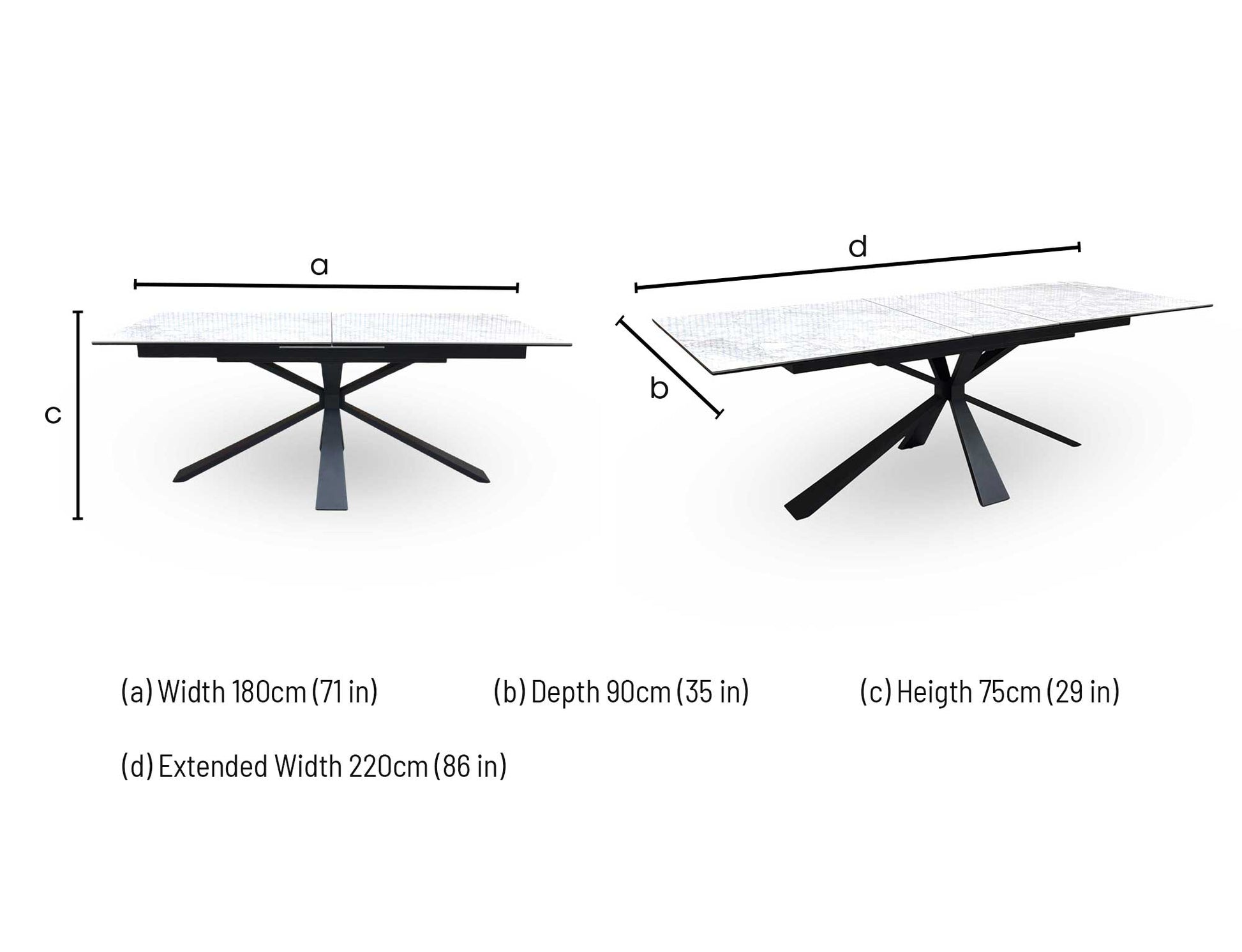 dimension diagram for the ‘Crete’ Ceramic Extending Dining Table