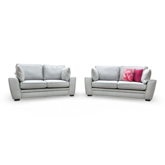 Full view of the Sofology 'Chalfont' 3+2 seater sofa set in Novak Grey soft tight weave fabric, arranged together.