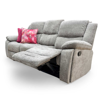 View of the sofa with both end seats fully reclined and the center console down, illustrating the ultimate home cinema setup.
