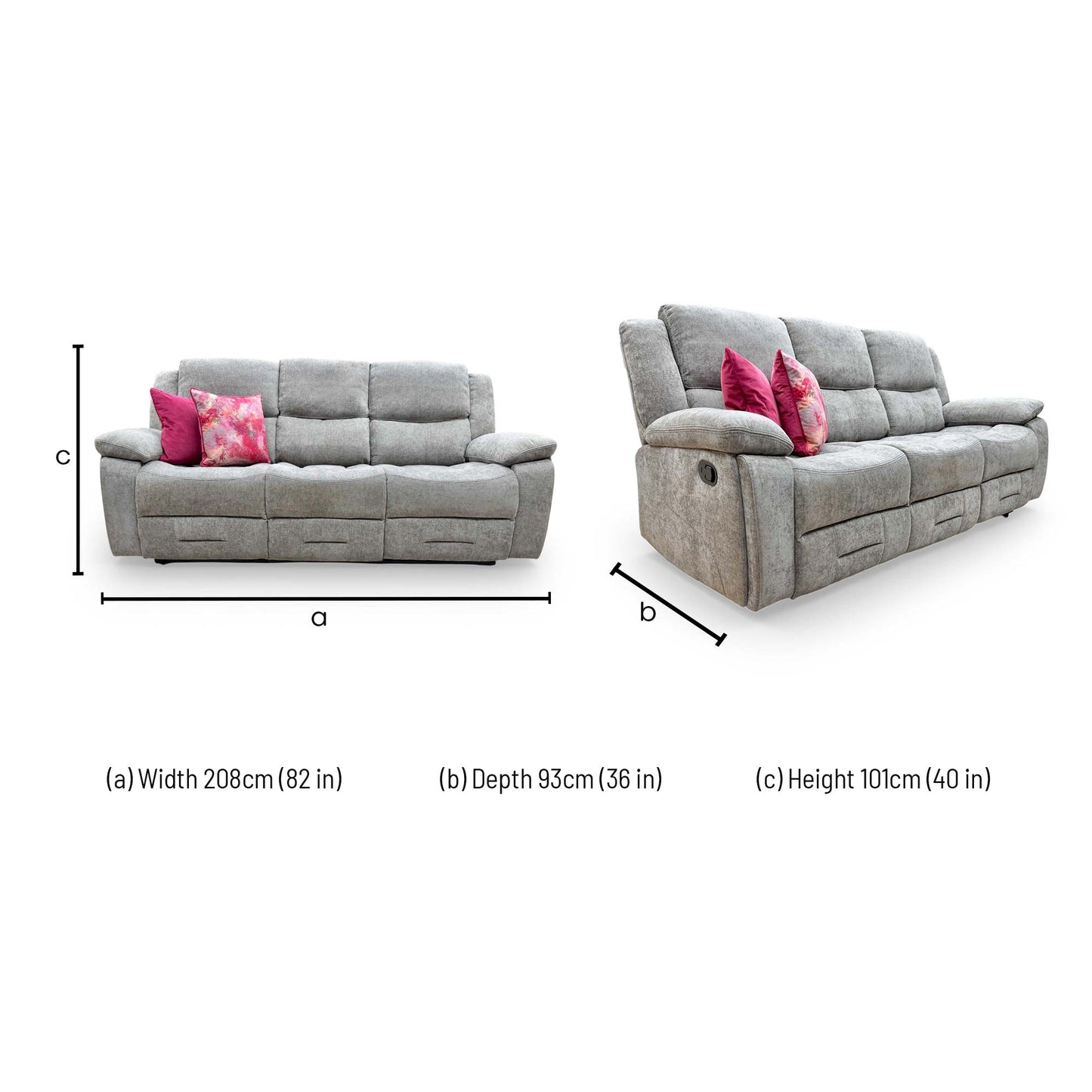 Dimensions for the ‘Weston’ Mocha Tight Weave Fabric 3 Seater Manual Recliner Sofa with Drop Down Cup Holders.